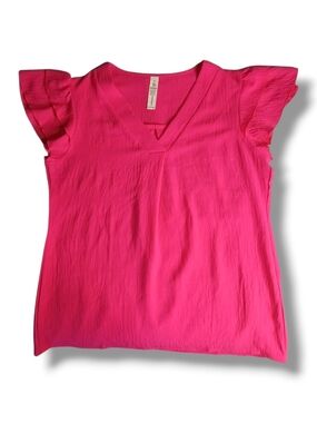 B. Young Hot Pink V-Neck Textured Flutter Sleeve Blouse